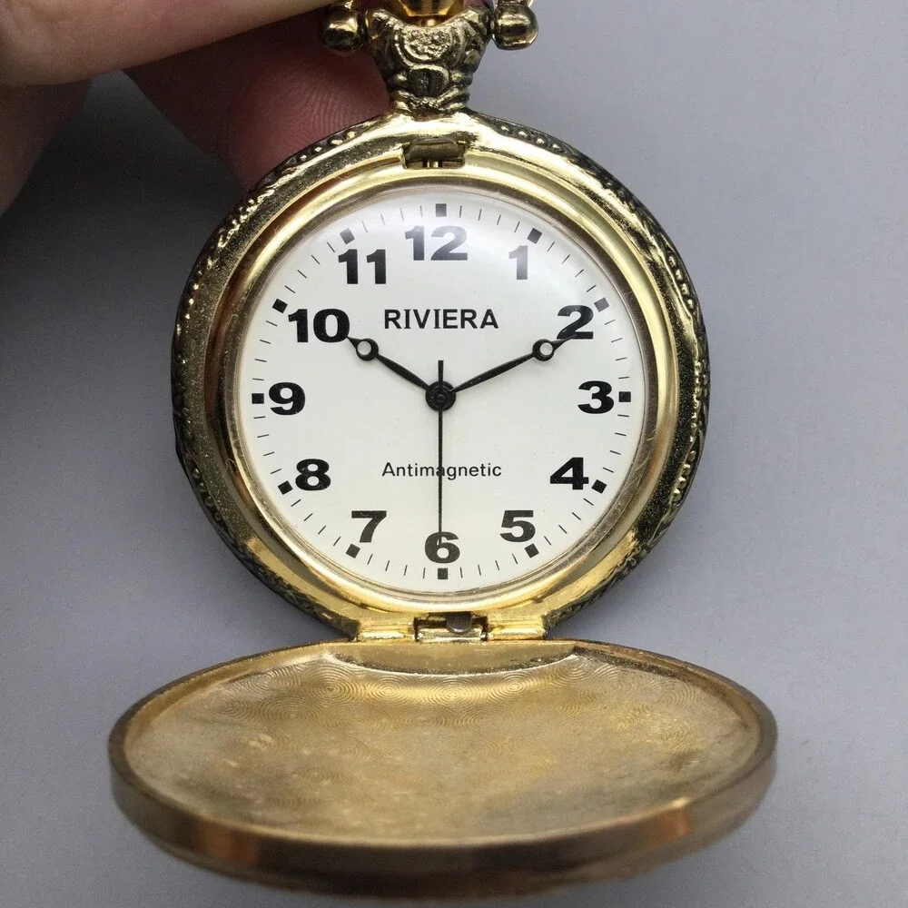 Riviera Pocket Watch Men 45mm Gold Tone Car Cover Full Hunter Chain New Battery